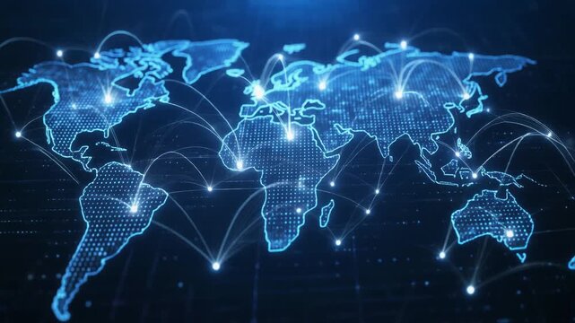 Digital Holographic World Map Showing Global Network Connections and Data Transfer Technology Background