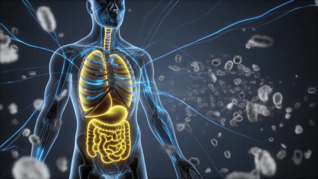 Digital X-ray visualization of human anatomy highlighting the lungs and digestive organs with energetic yellow glow and invading cells.