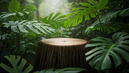 Tree stump in a lush tropical rainforest environment