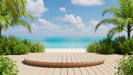 Serene beach scene with wooden deck and palm trees