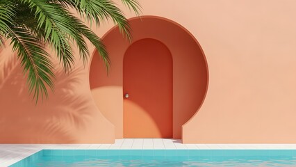 Serene outdoor oasis with palm tree and pool