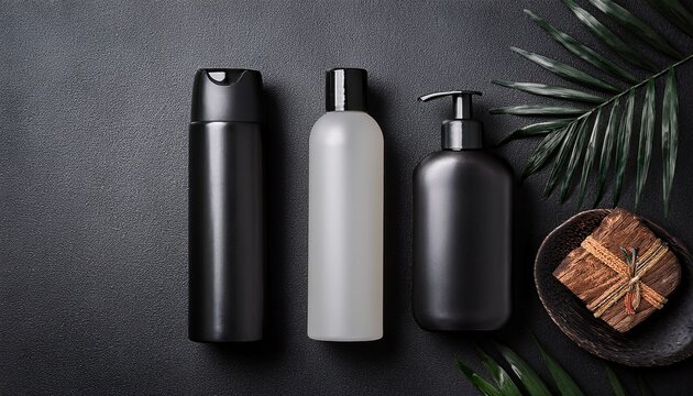 shampoo bottles black flat lay shape mockup product