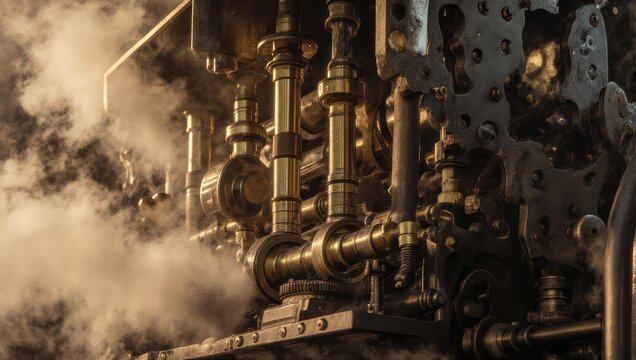Close-up of a vintage steam engine with intricate brass pipes and valves releasing plumes of white steam.