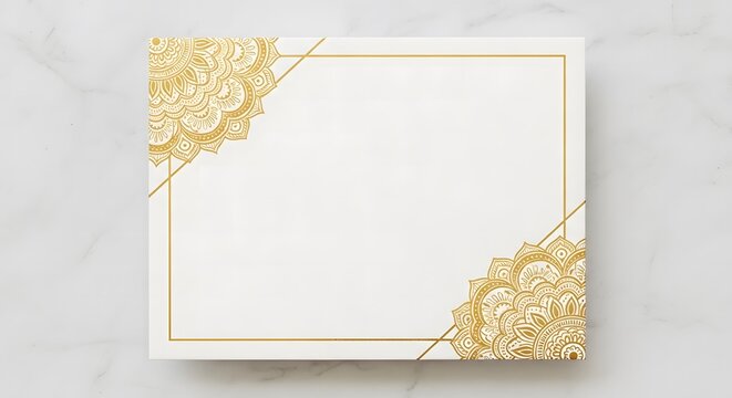 Blank white card with golden mandala pattern corners on a marble