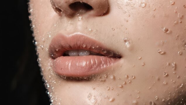 Close-up of a womans face with water droplets, showcasing fresh and hydrated skin.