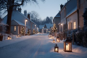 A quaint snow-covered village street, beautifully illuminated with twinkling lights, evokes a sense of festive charm and tranquility.