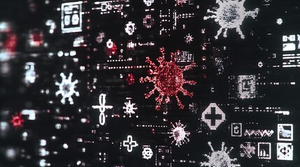 Abstract infographic with virus cells and medical icons on black background, healthcare and medicine concept, digital illustration