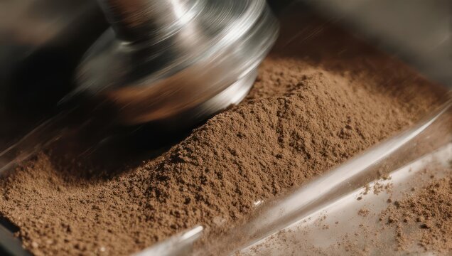 Close-up of cocoa powder being processed in a machine.