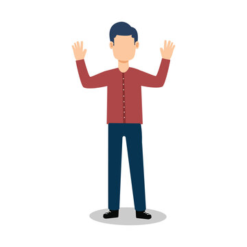 A cartoon man standing with his hands raised in a gesture of surrender or excitement