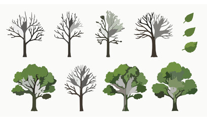 Obraz premium Minimal hand drawn tree and leaf flat vector collection with bare and leafy botanical designs