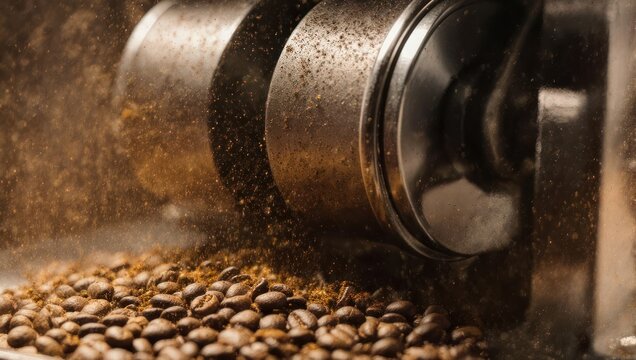 Close-up of Coffee Beans Being Roasted in Industrial Machinery.