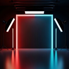 Modern studio with colorful neon lights and softboxes