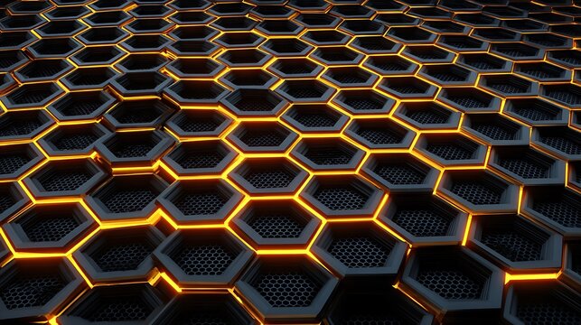 Abstract honeycomb pattern with glowing orange lines on black background, futuristic technology design element - Powered by Adobe