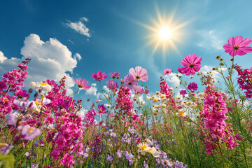 Fototapeta premium A field of vibrant pink and purple flowers under a bright sunny sky with fluffy white clouds