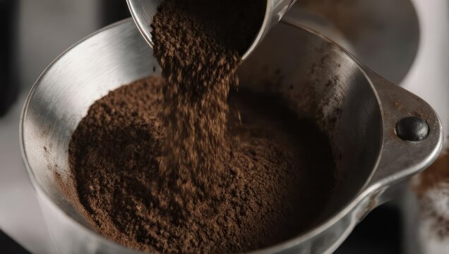 Close-up of freshly ground coffee beans being poured into a coffee maker.