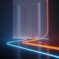 Neon lights in modern dark room with glowing blue and orange lines