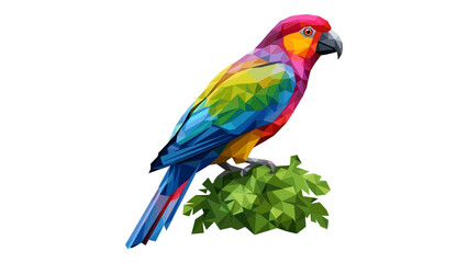 Fototapeta premium Colorful low poly parrot perched on leaves with vibrant geometric design