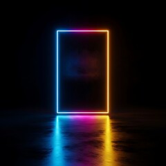 Neon rectangle with colorful glowing lights on dark background