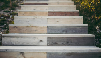 Weathered Wooden Outdoor Staircase Leading Upwards Through Greenery With Natural Sunlight Illuminating The Steps Showing A Textured Rustic Ambiance