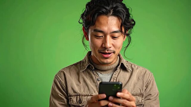 Smiling Young Asian Man with Man Bun Using Smartphone on Green Screen.