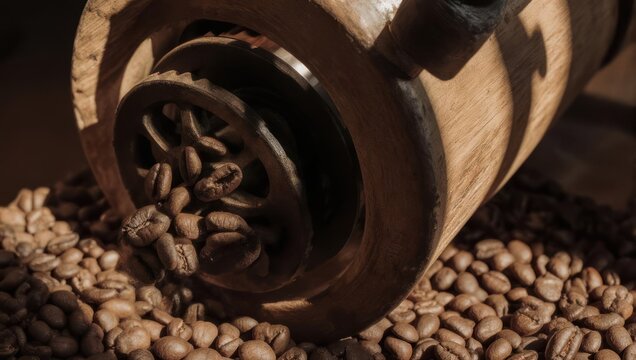 Close-up of freshly roasted coffee beans tumbling from a coffee roaster machine.