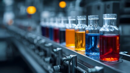 Colorful Liquid Samples in Glass Vials on Conveyor Belt in Industrial Setting.