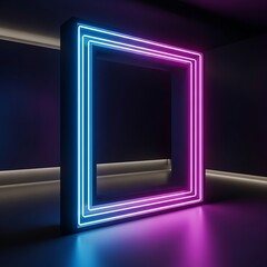 Vibrant neon frame in dark room with blue and pink lights