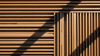 Obraz premium A modern wooden architectural facade featuring a geometric pattern of horizontal and vertical slats