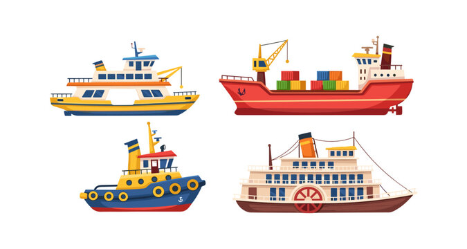 Collection of four distinct cartoon-style watercraft on a white background