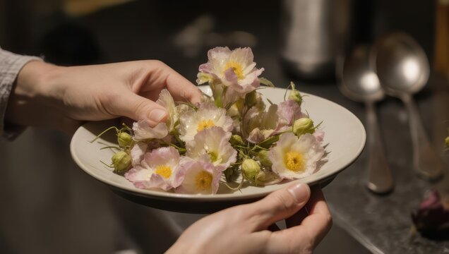 Close-up of hands arranging beautiful edible flowers on a plate, preparing a gourmet dish.