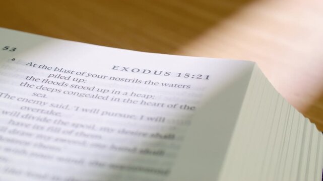Macro video of Exodus book pages turning in a modern Bible, chapters 11 to 15. Clean typography, soft lighting. Ideal for religious, spiritual, or Christian educational content. 4K clasp slide right