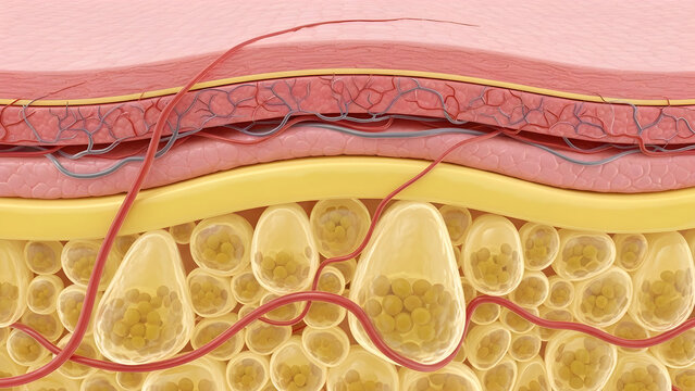 Detailed illustration of human skin layers showing adipocyte cells and subcutaneous fat tissue.