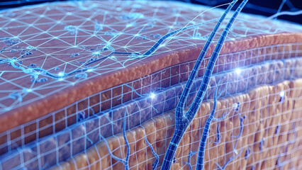 A detailed scientific representation of human skin anatomy with a futuristic digital grid overlay
