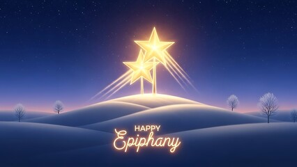 Glowing stars above a snowy landscape with 'happy epiphany' text