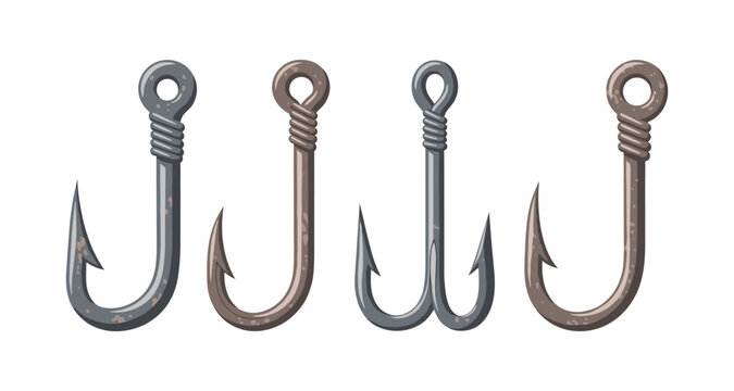 Collection of four different fishing hooks and lures on a white background