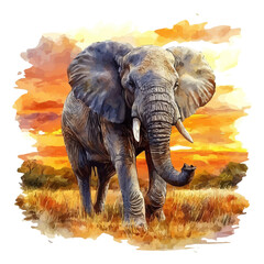 Fototapeta premium Elephant Raising Trunk, elegant watercolor illustration luminous highlights, isolated on a white background.