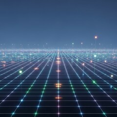 Vibrant neon grid in dark blue futuristic landscape