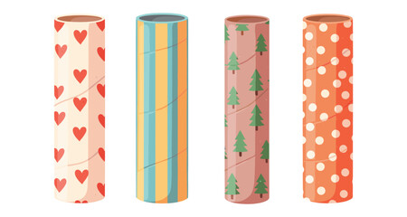 Four decorative cardboard tubes with different patterns for crafts and art projects