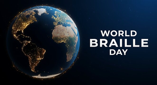 globe at night with city lights on continents  World Braille Day - Powered by Adobe