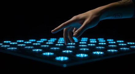 hand touching glowing blue buttons on a futuristic panel  technology concept