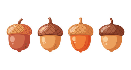 Cute cartoon acorns in various shades of brown and orange, isolated on white