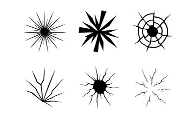 Fototapeta premium Collection of six black vector graphics depicting various types of cracks and breaks on a white background