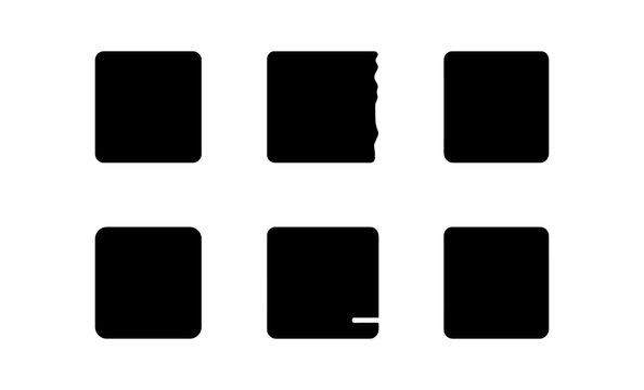 Six black squares with rounded corners on a white background, one with a torn edge