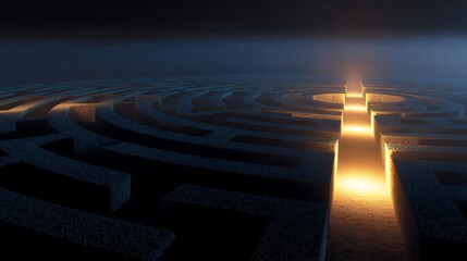 Mysterious labyrinth with illuminated pathway leading to the center at night, abstract maze with fading light