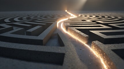 Abstract labyrinth with fading light path and dramatic shadows, symbolizing journey and challenge