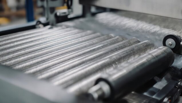 Close-up of Industrial Conveyor Belt Rollers in Factory Setting.