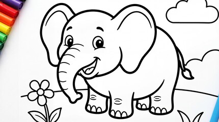 Fototapeta premium A cheerful cartoon elephant standing beside a flower with a cloud in the background
