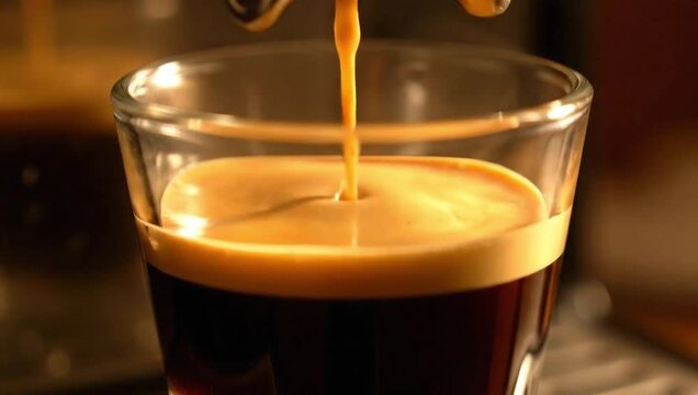 Espresso Shot in Glass: A close-up captures the rich aroma and velvety texture of freshly brewed espresso as it cascades into a transparent glass, a perfect start to the day.