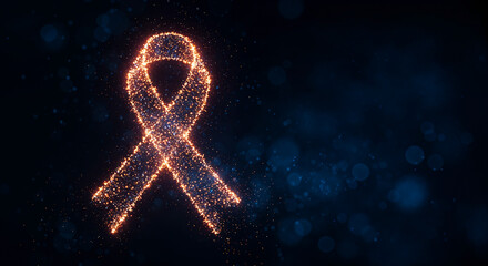 Red awareness ribbon formed by glowing particles symbolizing cancer awareness support and hope