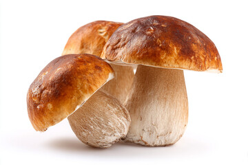 three porcini mushrooms arranged closely together with white background